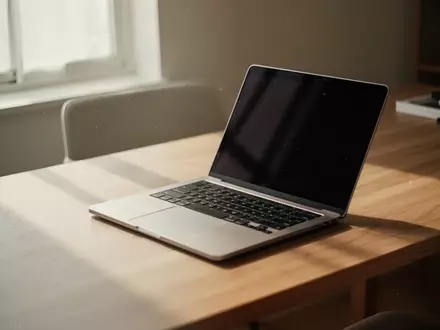 Ein moderner, minimalistischer Arbeitsplatz mit einem aufgeklappten Laptop auf einem Holztisch bei natürlichem Licht. - Foto: über boerse-global.de
