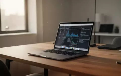 Ein moderner, minimalistischer Arbeitsplatz mit einem Laptop auf einem Holztisch bei natürlichem Licht. - Foto: über boerse-global.de