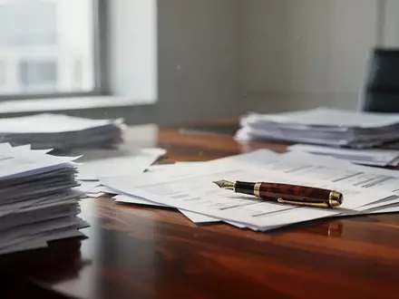 Ein minimalistischer Büroschreibtisch mit Dokumenten und einem Füllfederhalter bei natürlichem Lichteinfall. - Foto: über boerse-global.de