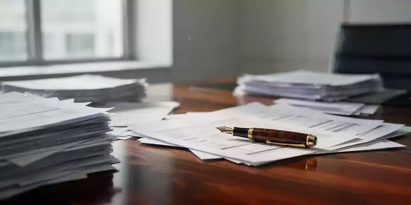 Ein minimalistischer Büroschreibtisch mit Dokumenten und einem Füllfederhalter bei natürlichem Lichteinfall. - Foto: über boerse-global.de