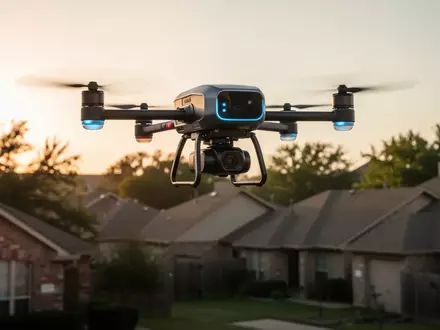 Eine autonome Lieferdrohne fliegt über ein Wohngebiet in den USA während der goldenen Stunde. - Foto: über boerse-global.de