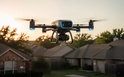 Eine autonome Lieferdrohne fliegt über ein Wohngebiet in den USA während der goldenen Stunde. - Foto: über boerse-global.de