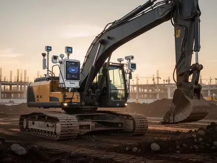 Ein moderner Bagger auf einer Baustelle, ausgestattet mit autonomer Sensortechnik bei Sonnenuntergang. - Foto: über boerse-global.de