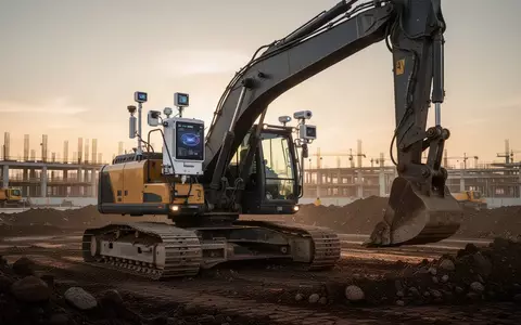Ein moderner Bagger auf einer Baustelle, ausgestattet mit autonomer Sensortechnik bei Sonnenuntergang. - Foto: über boerse-global.de