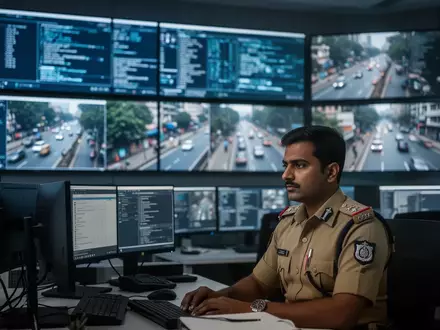 Ein Polizeibeamter in einem modernen Kontrollzentrum vor Bildschirmen mit digitalen Datenströmen und Überwachungsbildern. - Foto: über boerse-global.de