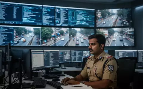 Ein Polizeibeamter in einem modernen Kontrollzentrum vor Bildschirmen mit digitalen Datenströmen und Überwachungsbildern. - Foto: über boerse-global.de