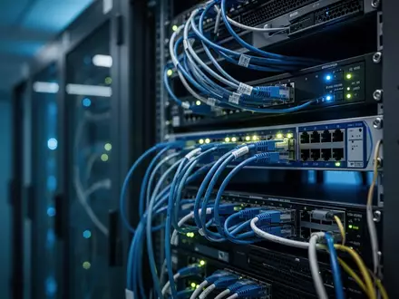 Serverraum in einem Berliner Behördengebäude mit blinkenden Netzwerkkomponenten und blauem Licht. - Foto: über boerse-global.de