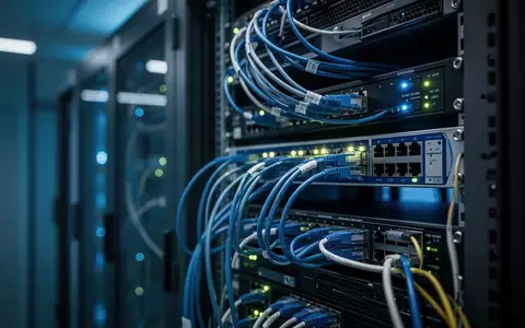 Serverraum in einem Berliner Behördengebäude mit blinkenden Netzwerkkomponenten und blauem Licht. - Foto: über boerse-global.de
