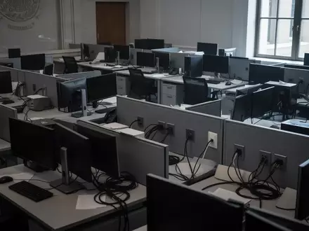 Leere Schreibtische mit ausgeschalteten Computern und getrennten Kabeln in einem Berliner Verwaltungsgebäude. - Foto: über boerse-global.de