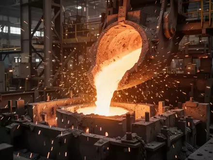 Glühendes Metall in einer industriellen Gießerei während des Fertigungsprozesses. - Foto: über boerse-global.de