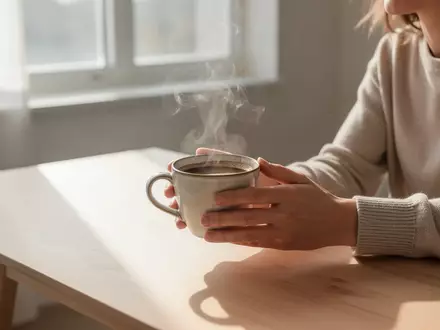 Eine Person hält eine dampfende Tasse Kaffee an einem hellen Holztisch in einer sonnendurchfluteten Umgebung. - Foto: über boerse-global.de