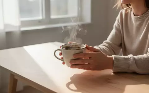 Eine Person hält eine dampfende Tasse Kaffee an einem hellen Holztisch in einer sonnendurchfluteten Umgebung. - Foto: über boerse-global.de
