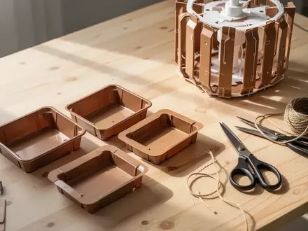 Nahaufnahme eines aufgeräumten Basteltisches mit leeren Kunststoffverpackungen und Werkzeugen für Upcycling-Projekte. - Foto: über boerse-global.de