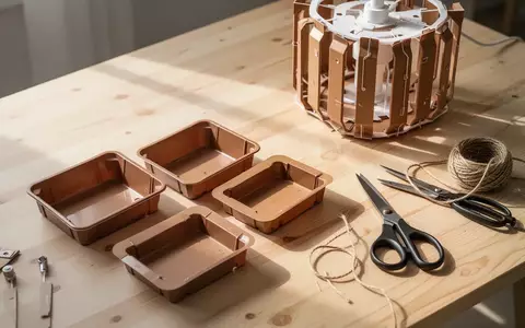 Nahaufnahme eines aufgeräumten Basteltisches mit leeren Kunststoffverpackungen und Werkzeugen für Upcycling-Projekte. - Foto: über boerse-global.de