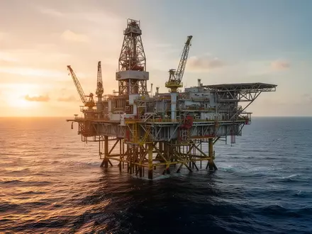 Ölplattform vor der Küste bei Sonnenuntergang über dem offenen Meer - Foto: über boerse-global.de
