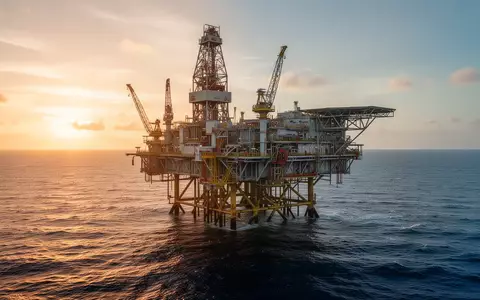 Ölplattform vor der Küste bei Sonnenuntergang über dem offenen Meer - Foto: über boerse-global.de