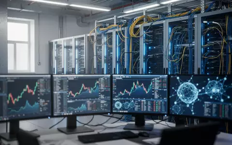 Moderne Serverräume mit leuchtenden Hardware-Racks und Datenvisualisierungen auf Computerbildschirmen als Symbol für KI-Investitionen. - Foto: über boerse-global.de