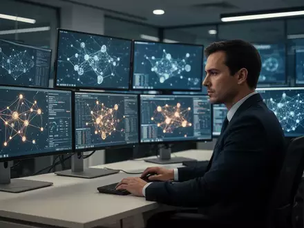 Ein IT-Sicherheitsexperte überwacht in einem modernen Kontrollzentrum komplexe digitale Netzwerke und Cyber-Sicherheitsdaten. - Foto: über boerse-global.de
