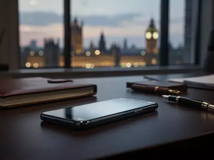 Ein Smartphone liegt auf einem dunklen Bürotisch vor dem unscharfen Hintergrund des abendlichen Westminster. - Foto: über boerse-global.de