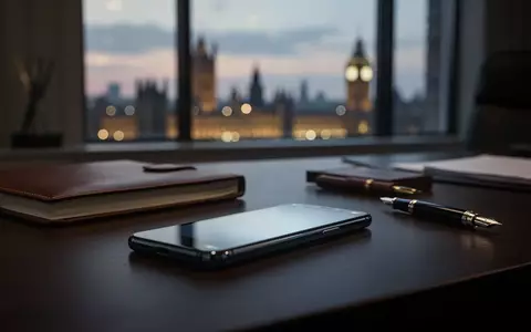 Ein Smartphone liegt auf einem dunklen Bürotisch vor dem unscharfen Hintergrund des abendlichen Westminster. - Foto: über boerse-global.de