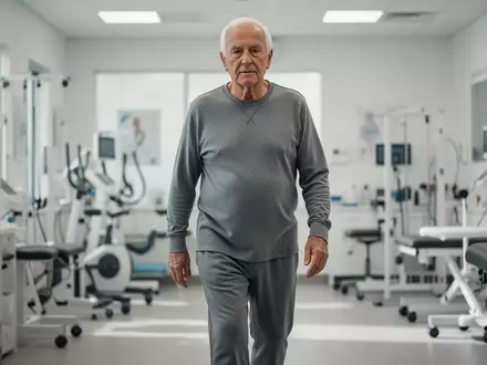 Ein älterer Mann in Sportkleidung geht aufrecht und aktiv durch eine moderne Physiotherapie-Praxis. - Foto: über boerse-global.de