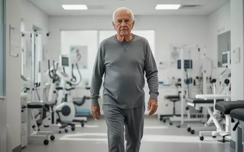 Ein älterer Mann in Sportkleidung geht aufrecht und aktiv durch eine moderne Physiotherapie-Praxis. - Foto: über boerse-global.de