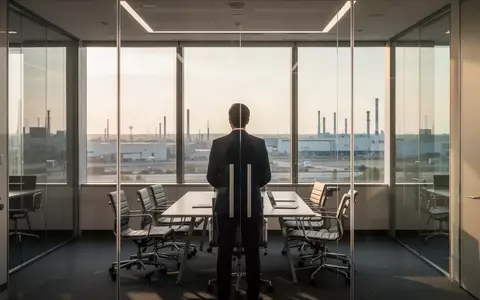 Eine Person im Business-Outfit blickt aus einem Bürofenster auf eine industrielle Anlage bei Tageslicht. - Foto: über boerse-global.de