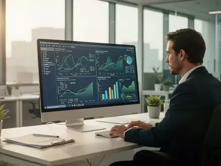 Ein Analyst arbeitet an einem modernen Schreibtisch in einem hellen Büro an Nachhaltigkeitsberichten am Computer. - Foto: über boerse-global.de
