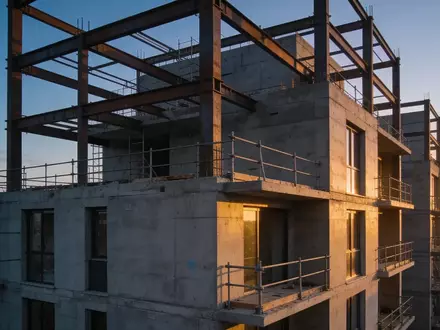 Ein unfertiger moderner Wohnkomplex bei Dämmerung, der die aktuelle Situation der Immobilienprojektentwicklung verdeutlicht. - Foto: über boerse-global.de