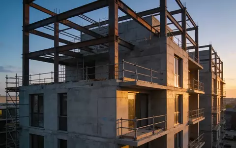 Ein unfertiger moderner Wohnkomplex bei Dämmerung, der die aktuelle Situation der Immobilienprojektentwicklung verdeutlicht. - Foto: über boerse-global.de