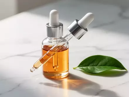 Eine hochwertige Glasflasche mit Nahrungsergänzungsmittel auf einer hellen Marmoroberfläche mit natürlichem Lichteinfall. - Foto: über boerse-global.de