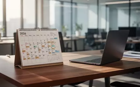 Ein moderner, aufgeräumter Schreibtisch mit einem analogen Wandkalender und einem Laptop in einem hellen Büro. - Foto: über boerse-global.de