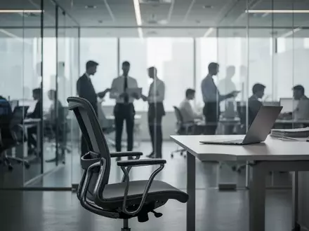Ein modernes, minimalistisches Büro mit verschwommenen Silhouetten von Mitarbeitern und einem leeren Arbeitsplatz. - Foto: über boerse-global.de