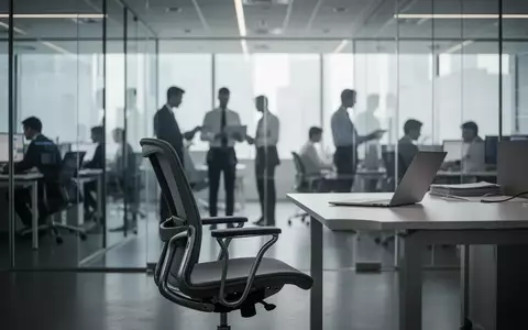 Ein modernes, minimalistisches Büro mit verschwommenen Silhouetten von Mitarbeitern und einem leeren Arbeitsplatz. - Foto: über boerse-global.de