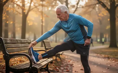Ein aktiver Senior beim Dehnen auf einer Parkbank zur Vorbereitung auf ein Lauftraining im Freien. - Foto: ĂĽber boerse-global.de