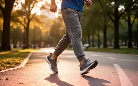 Eine Person in Sportkleidung geht zügig auf einem von der Sonne beleuchteten Parkweg spazieren, um ihre tägliche Schrittzahl zu erreichen. - Foto: über boerse-global.de