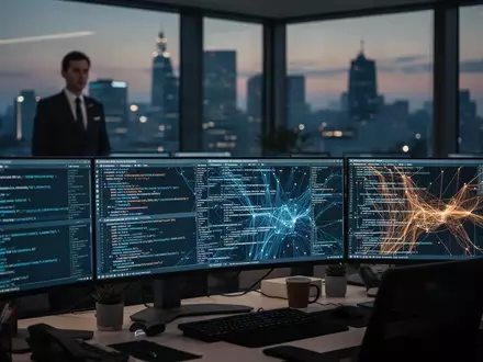 Ein moderner Arbeitsplatz mit Monitoren, die komplexen Programmcode anzeigen, in einem südkoreanischen Regierungsgebäude. - Foto: über boerse-global.de