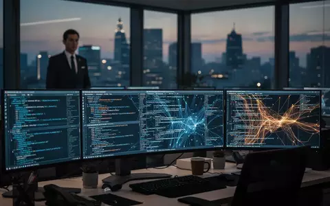 Ein moderner Arbeitsplatz mit Monitoren, die komplexen Programmcode anzeigen, in einem südkoreanischen Regierungsgebäude. - Foto: über boerse-global.de