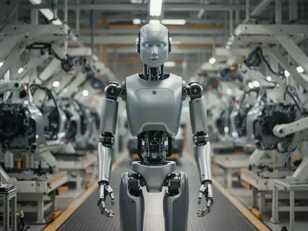 Ein humanoider Roboter steht in einer modernen, hochtechnisierten Autofabrik an einem Montageband. - Foto: über boerse-global.de