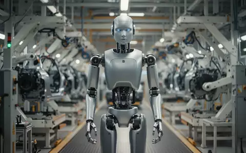 Ein humanoider Roboter steht in einer modernen, hochtechnisierten Autofabrik an einem Montageband. - Foto: über boerse-global.de