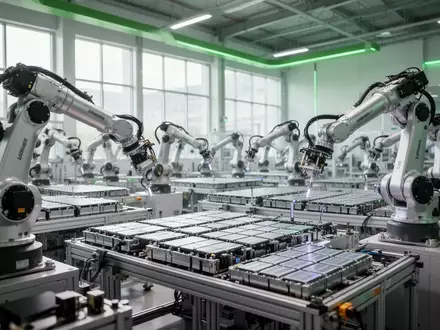 Automatisierte Produktionsstraße einer modernen Batteriefabrik mit Robotern und grüner Beleuchtung. - Foto: über boerse-global.de
