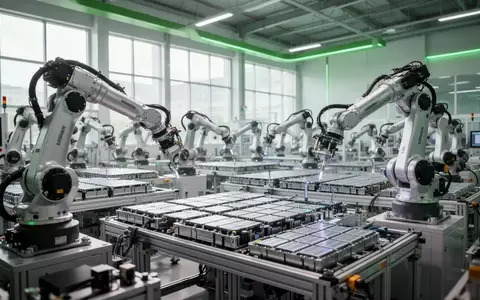 Automatisierte Produktionsstraße einer modernen Batteriefabrik mit Robotern und grüner Beleuchtung. - Foto: über boerse-global.de