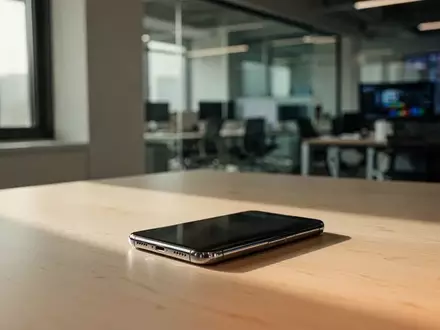 Ein Smartphone auf einem modernen Schreibtisch in einem hellen Büro, das die technologische Umgebung von KI-Anbietern symbolisiert. - Foto: über boerse-global.de