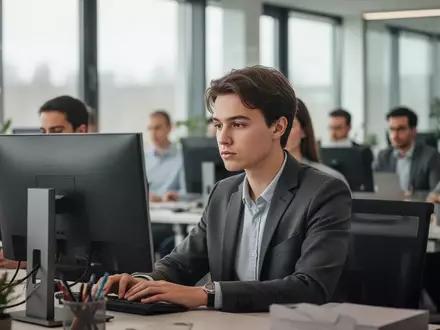 Ein junger Arbeitnehmer in einem modernen Büro vor einem Computerbildschirm, der die Arbeitsplatzsituation in Deutschland symbolisiert. - Foto: über boerse-global.de