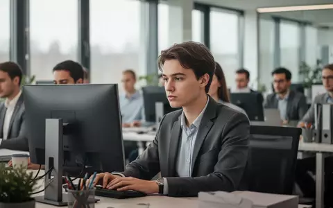 Ein junger Arbeitnehmer in einem modernen Büro vor einem Computerbildschirm, der die Arbeitsplatzsituation in Deutschland symbolisiert. - Foto: über boerse-global.de