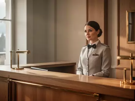 Ein professioneller Rezeptionist an einem aufgeräumten Hotel-Empfangstresen in einem hellen, modernen Foyer. - Foto: über boerse-global.de