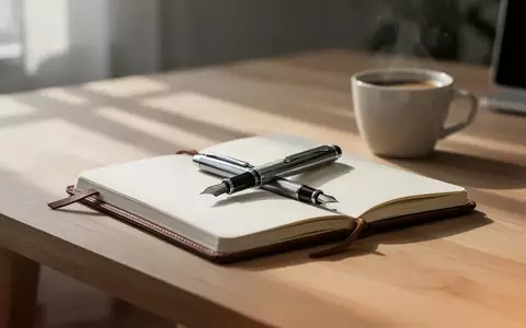 Ein minimalistischer Schreibtisch mit einem Notizbuch und einem Füllfederhalter in natürlichem, weichem Tageslicht. - Foto: über boerse-global.de