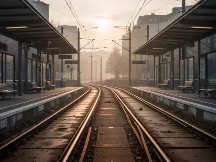 Leerer Bahnsteig einer Straßenbahnstation in Saarbrücken bei Morgendämmerung während eines Streiks. - Foto: über boerse-global.de