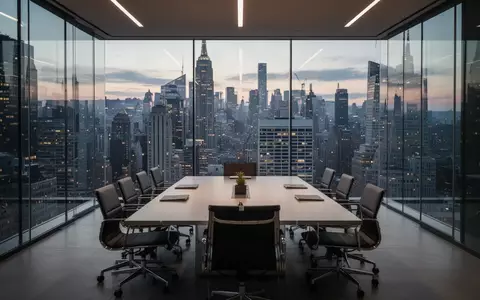 Ein moderner, minimalistischer Konferenzraum mit Blick auf ein Finanzviertel in der Abenddämmerung. - Foto: über boerse-global.de