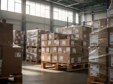 Gestapelte Versandkartons in einem modernen Logistiklager bei natürlichem Lichteinfall. - Foto: über boerse-global.de